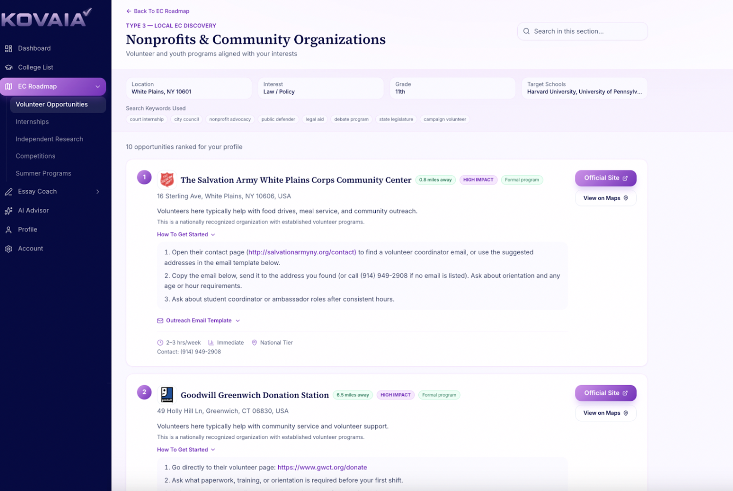 KOVAIA local volunteering opportunities ranked by location, interest, and impact